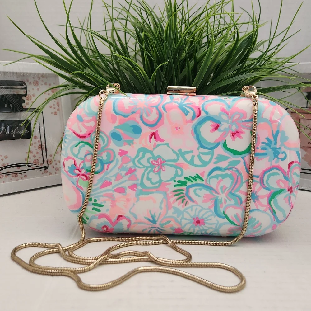 Lilly Pulitzer Hardshell Clutch Floral Pastel Crossbody Bag with Gold Chain